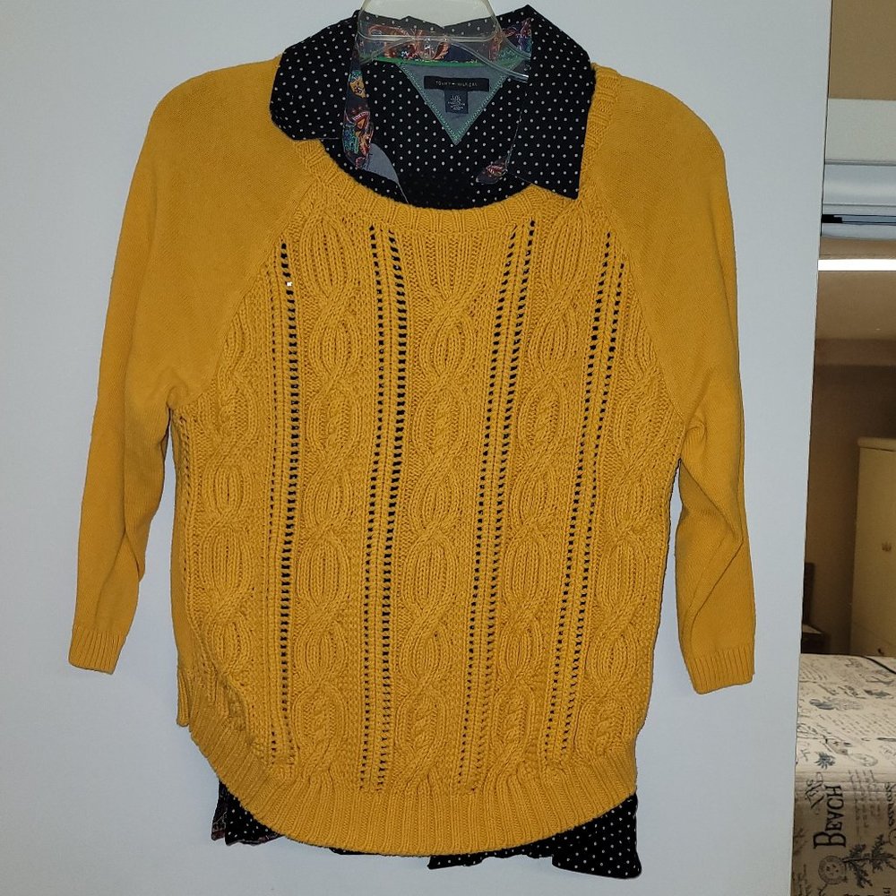 Tommy Hilfiger Navy Dot Paisley Collared Shirt & Yellow 3/4 Sleeve Sweater Set L